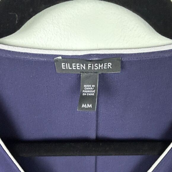 Eileen Fisher Georgette Piped Blouse 100% Silk Crepe Button Down Top Navy Blue M - Picture 9 of 13